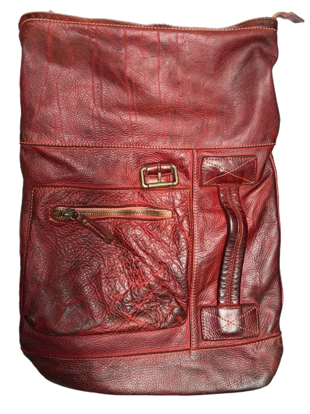 Vintage Bayside Red Leather Backpack – Distressed Grain - Multi‑Pocket Design